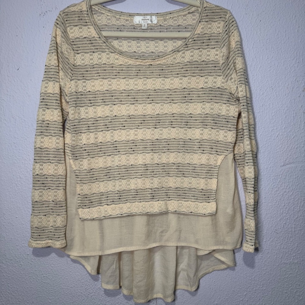 Entro Cream Boho Striped Lace Knit High Low Peasant Top Small Y2K Neutral Layer